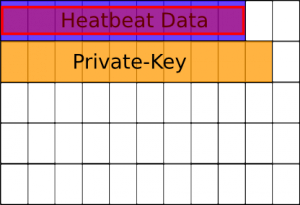 Schematische Darstellung des Speicherbereichs in Blöcken von OpenSSL, mit Private-Key, Heartbeat Daten und angegebener Länge der Daten (rot markiert)